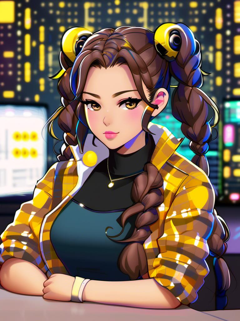 Prompt: (close-up:1.1), girl cyberpunk, cyber, (standing:1.2),  (looking at viewer:1.3), (slim body type:1.2), (large chest size:1.2), (brown double bun hair:1.2),  wearing (yellow tulle flannel shirt:1.2)  wearing (fandango organza wide-leg jeans:1.2)  secret alley in background <mymodel>