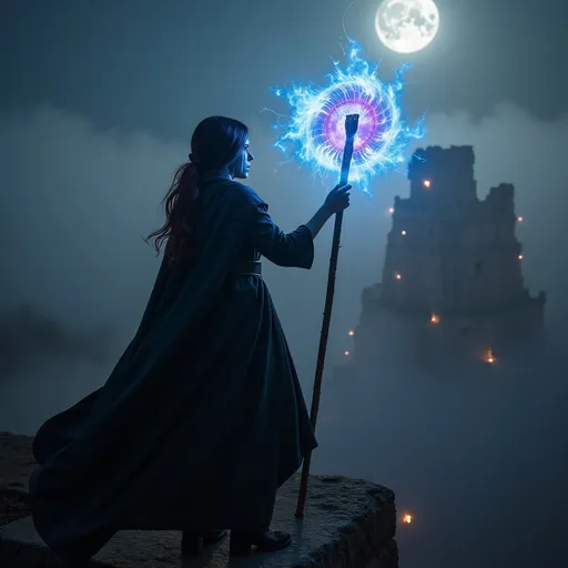 Prompt: Face shot. A lone sorceress stands atop the ruins of an ancient tower, her dark cloak billowing in the wind as she gazes over a mist-covered valley. Strands of  hair escape her hood, illuminated by the pale glow of the full moon. In her hand, a staff etched with glowing runes pulses softly, radiating arcane energy.  

With a slow, measured breath, she lifts her hand, summoning a swirling vortex of blue and violet magic. Sparks of energy crackle around her as the air trembles with raw power. In the distance, an approaching army’s torches flicker like distant stars. She knows war is coming, but for this moment, she stands calm, unshaken, and ready.  

The camera begins with a sweeping aerial shot of the ruined tower before smoothly descending, circling around her to capture the glow of her magic, the fire in her eyes, and the eerie beauty of the night.  
