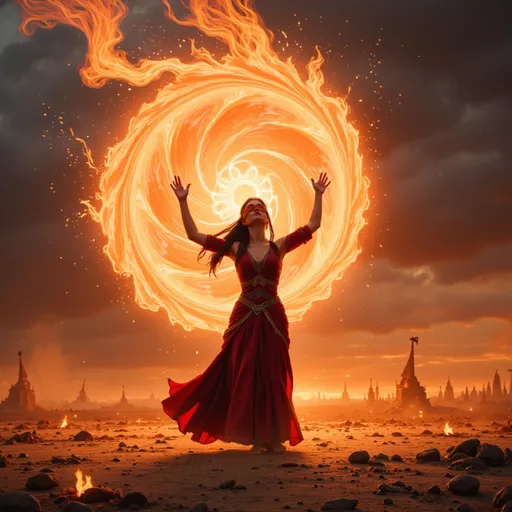 Prompt: The camera focuses from the front on a lone sorceress standing in the heart of an ancient battlefield, her full figure bathed in a swirling storm of raw magic. Her arms are raised high, fingers tracing glowing runes in the air as radiant energy crackles around her body. Her cloak billows violently, caught in the force of her own power, while the ground beneath her glows with intricate, pulsing sigils.

Her band blinded eyes locked onto the sky as a massive arcane vortex spirals above her. The very air trembles as waves of energy radiate outward, lifting dust and embers into the storm of power. She stands unwavering, her stance strong, as if commanding the very elements themselves.

The camera focus on her face capturing her full body against the chaos of the battlefield. It then moves in a smooth, cinematic arc around her, highlighting the fluid movement of her robes, the glowing runes floating in the air, and the sheer magnitude of the spell she is summoning.