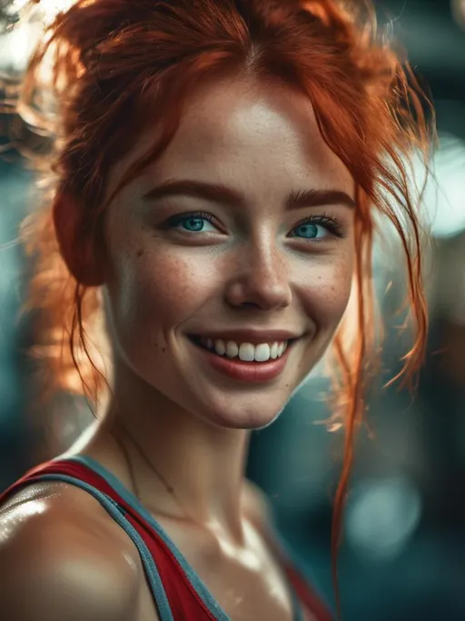 Prompt: A woman portrait in Midjourney <mymodel> style,  Beautiful Girl with red fitness clothing, beautiful blue eyes and big smile, pale skin, medium red hair, workout, gym ambience, 8k, hyper realistic, attractive beautiful, detailed face and skin, full-body portrait