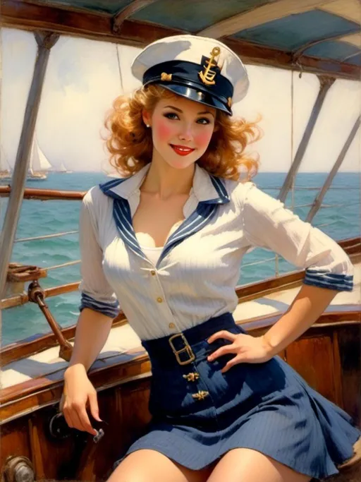 Prompt: <mymodel> A nautical pin-up with a sailor outfit and playful pose, large chest