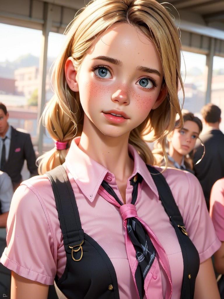 Prompt: <mymodel> light skin with some freckles on her cheeks, big hazel eyes, and striking facial features.
wearing a variation of the “ schoolgirl” outfit. She had a black top with pink trim. It wrapped around her shoulders, and then the fabric came together just below her chest in a knot. She had a pink strap collar around her neck, 
, matching black and pink flannel miniskirt which wrapped around her waist, covering just below her  cheeks. The skirt was loose . She had on matching pink high socks that came up to below her knees, and black pumps.