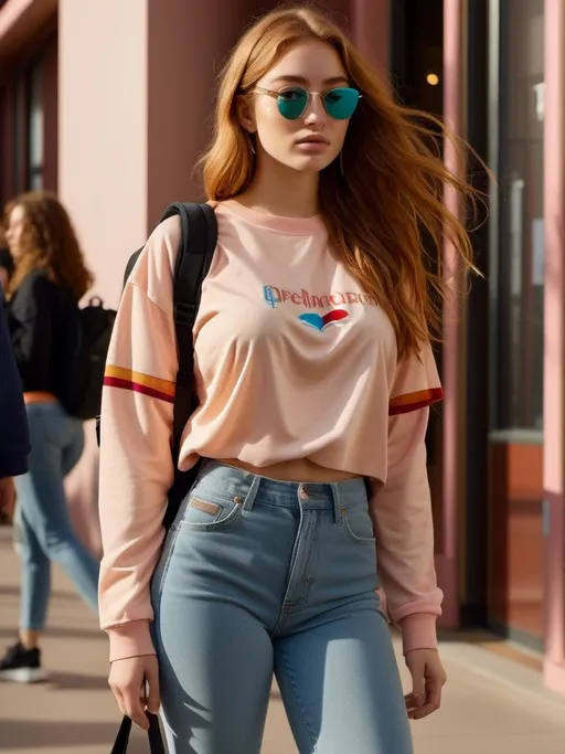 Prompt: <mymodel>   detailed face, {Urban Street Outfit Style, High-waisted skinny jeans with a graphic tee or oversized sweatshirt, Sneakers or stylish ankle boots, Statement sunglasses and a backpack}, medium shot













