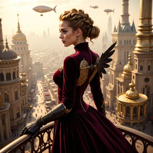 Prompt: "A woman in a mechanized Victorian future stands atop a steam-powered observation tower overlooking a sprawling city of brass domes, gear-driven elevators, and glowing pneumatic tubes. She wears a high-necked velvet coat with integrated mechanical wings folded at her back, and a jeweled control gauntlet on one hand. Her hair is styled in intricate coils, adorned with copper filigree and tiny rotating cogs. The sky is filled with dirigibles and mechanical birds, while below, the streets bustle with automatons and citizens in hybrid 19th-century and sci-fi attire. The atmosphere is dramatic, with golden light filtering through industrial haze."
