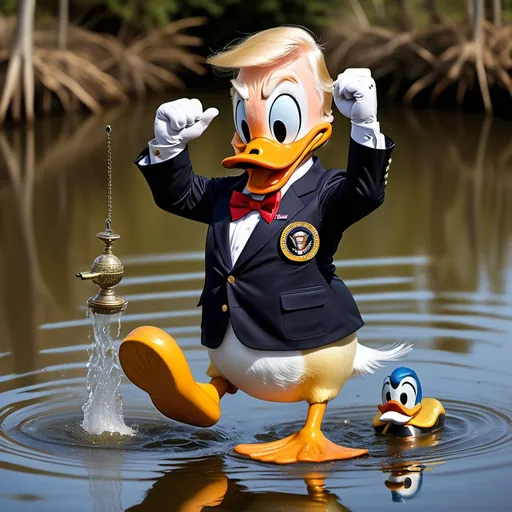 Prompt: Visual: La cabeza combinada de Trump y Donald Duck, con la piel naranja de Trump, su peinado rubio, y el pico de pato, vestido de dictador con medallas y uniforme, hablando en un micrófono.
Texto:
Arriba: "Running the pond like a real quack..."
Abajo: "The best deals for ducks only! 🦆🇺🇸 #QuackTator"