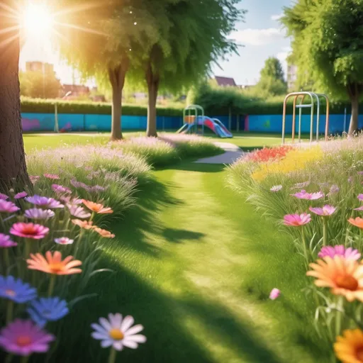 Prompt: The style is candid image photography with natural textures and highly realistic light, editorial of a closure a place surround by grass and flower , in a sunny playground in spring, surrounded by colorful flowers and green grass., iridescent style, bright and reflective atmosphere light effects.