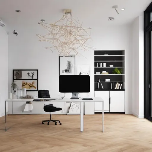 Prompt: an interior designer office for one modern white furnitures and wooden floors