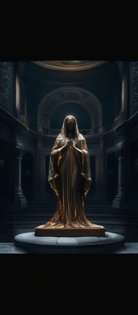 Prompt: Create an full body portrait of a statue with a mystical aura. The statue should be of a veiled figure, with the veil appearing to be made of a dark, flowing material that has golden cracks running through it, resembling veins or lightning. The figure should have glowing golden eyes that stand out against the dark material of the veil. Surround the figure with an ornate halo that emits a subtle glow and place it against a dark background with textures resembling cracked stone to enhance the mysterious and ancient atmosphere