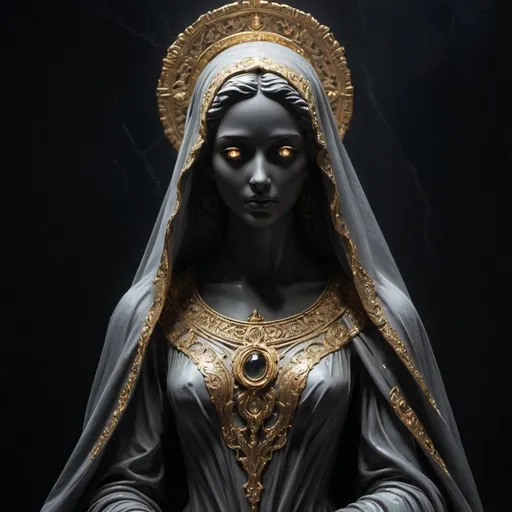 Prompt: Create an full body portrait of a statue with a mystical aura. The statue should be of a veiled figure, with the veil appearing to be made of a dark, flowing material that has golden cracks running through it, resembling veins or lightning. The figure should have glowing golden eyes that stand out against the dark material of the veil. Surround the figure with an ornate halo that emits a subtle glow and place it against a dark background with textures resembling cracked stone to enhance the mysterious and ancient atmosphere