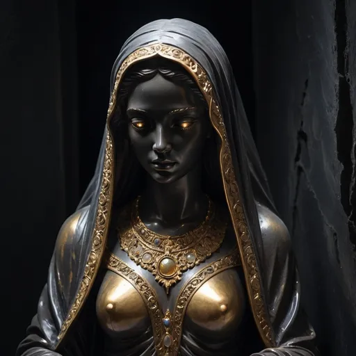 Prompt: Create an full body portrait of a statue with a mystical aura. The statue should be of a veiled figure, with the veil appearing to be made of a dark, flowing material that has golden cracks running through it, resembling veins or lightning. The figure should have glowing golden eyes that stand out against the dark material of the veil. Surround the figure with an ornate halo that emits a subtle glow and place it against a dark background with textures resembling cracked stone to enhance the mysterious and ancient atmosphere