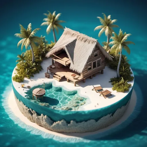 Prompt: miniature isometric world render, a hut surrounded by clear water, bahamas, on a table