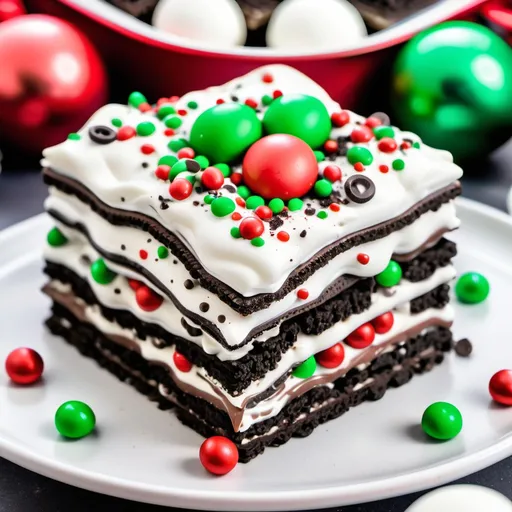 Prompt: A close-up view of a festive No-Bake Christmas Oreo Lasagna, layered with a chocolate Oreo crust, a creamy white layer, rich chocolate pudding, and fluffy whipped cream topping. The dessert is decorated with red and green M&M’s and a sprinkle of crushed Oreos, creating a vibrant, holiday-themed look. The layers are visibly distinct, with a soft, creamy texture and colorful toppings. The dessert is served in a 9x13-inch glass dish with soft natural lighting highlighting the textures and colors, with a subtle bokeh effect in the background