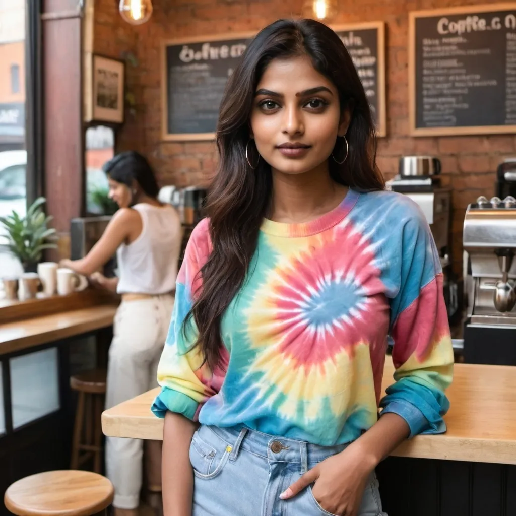 Prompt: an Indian model wearing a tie dye cord set in a coffee shop
