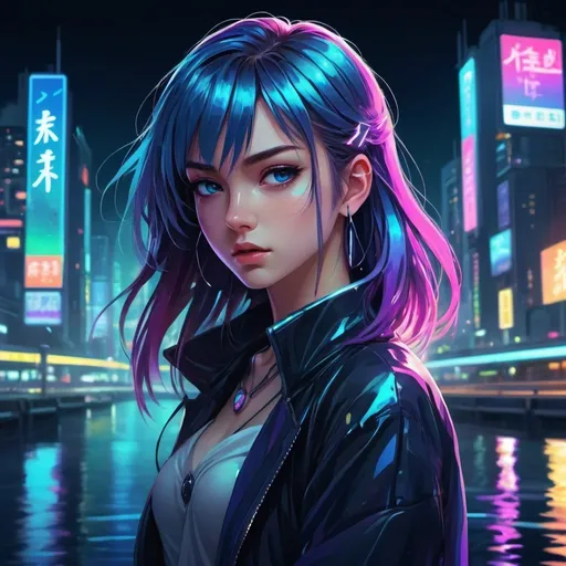 Prompt: Anime illustration of a captivating girl, vibrant jewel tones, bustling nocturnal lake ,signs, flowing hair with iridescent highlights, determined expression, futuristic fashion, high-tech accessories, best quality, highres, anime, futuristic, vibrant colors, night city, neon lights, iridescent hair, cyberpunk fashion, determined expression, professional, atmospheric lighting