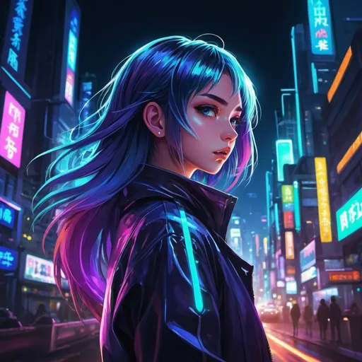 Prompt: Anime illustration of a captivating girl, vibrant jewel tones, bustling nocturnal cityscape,signs, flowing hair with iridescent highlights, determined expression, futuristic fashion, high-tech accessories, best quality, highres, anime, futuristic, vibrant colors, night city, neon lights, iridescent hair, cyberpunk fashion, determined expression, professional, atmospheric lighting