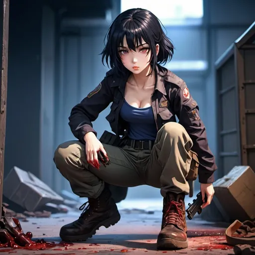 Prompt: black hair anime girl, high quality, vibrant colors, detailed characters, dynamic action scenes, atmospheric lighting, gun, boots, cargo pants, blood, semi kneeling