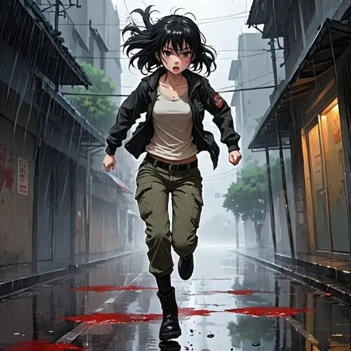 Prompt: anime black hair girl, black boots, cargo pants,running to escape, with blood, rainy street, gun, rain colors, few lights, sideways