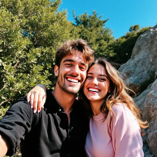 Prompt: Basking in the sunlight, a young couple captures a joyful moment on rocky terrain, surrounded by greenery. The man, sporting a black shirt with a casual design, beams with happiness, while the woman, dressed in a soft pink top, mirrors his delight with a playful smile. Their close positioning hints at a strong bond, as his arm comfortably wraps around her shoulder. The bright blue sky above and the lush foliage complement the cheerful mood, creating an inviting atmosphere that reflects their carefree adventure in nature.
