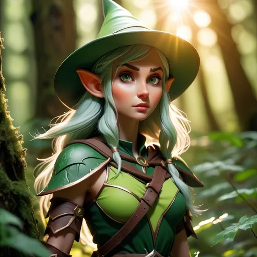 Prompt: Elf ranger in a mystical forest around sunlight