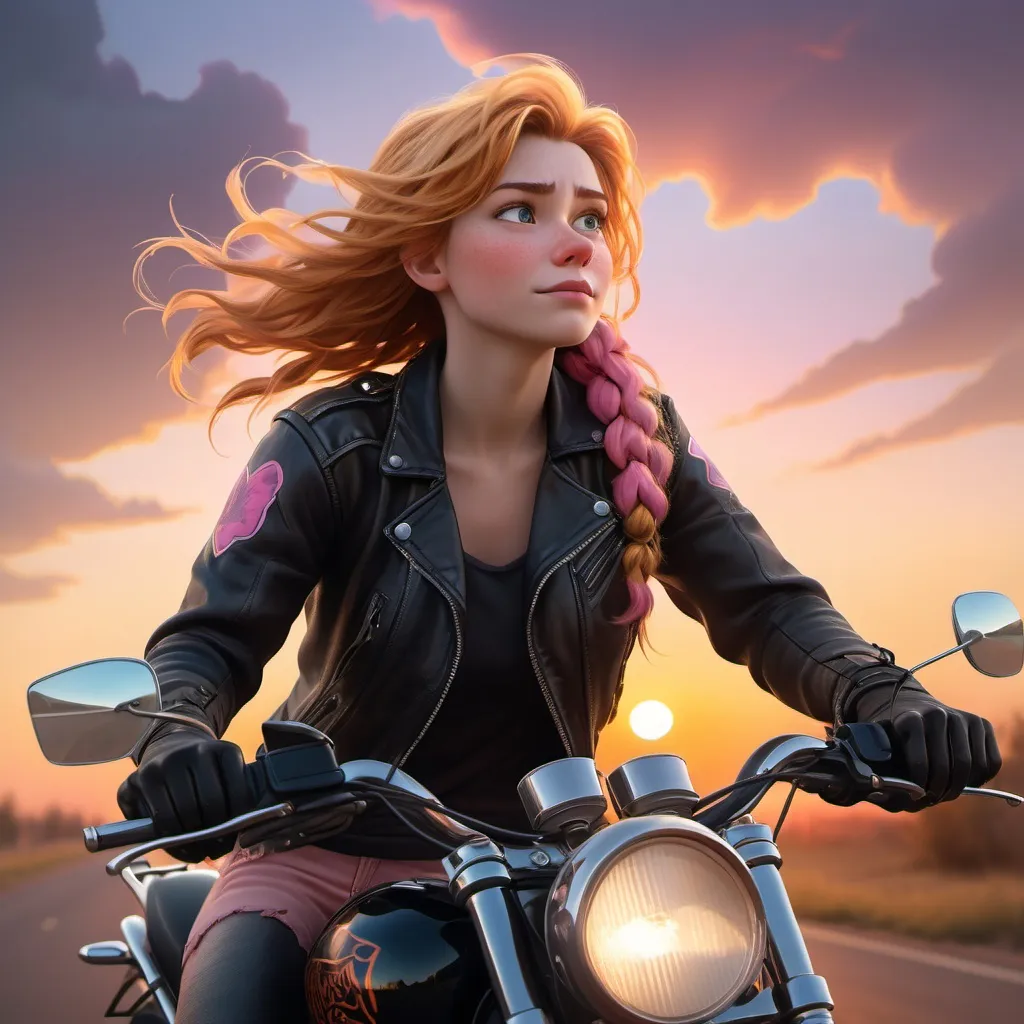 Prompt: A female biker, with disheveled, strawberry-blonde hair reminiscent of Anna's from the Frozen movie on her coronation day, is sitting on her motorcycle. She's gazing at a beautiful sunrise that paints the sky in warm hues of orange, pink, and gold. Her hair is slightly messy, with a few stray strands sticking out in different directions, capturing that just-woke-up look. The scene is serene and peaceful, with the biker dressed in casual, slightly rugged gear, and the motorcycle positioned on a slight hill, overlooking a vast landscape with the sun rising in the distance