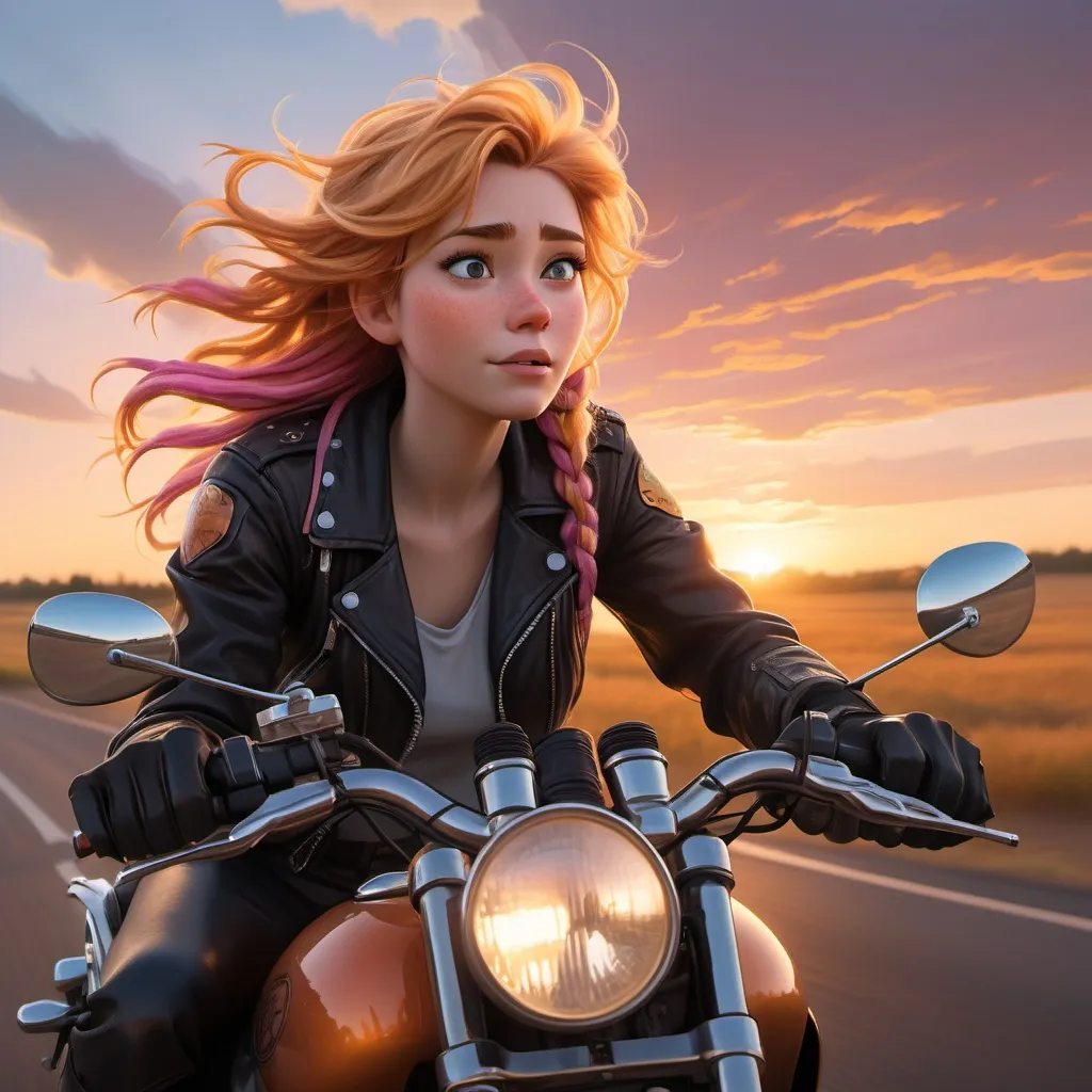 Prompt: A female biker, with disheveled, strawberry-blonde hair reminiscent of Anna's from the Frozen movie on her coronation day, is sitting on her motorcycle. She's gazing at a beautiful sunrise that paints the sky in warm hues of orange, pink, and gold. Her hair is slightly messy, with a few stray strands sticking out in different directions, capturing that just-woke-up look. The scene is serene and peaceful, with the biker dressed in casual, slightly rugged gear, and the motorcycle positioned on a slight hill, overlooking a vast landscape with the sun rising in the distance