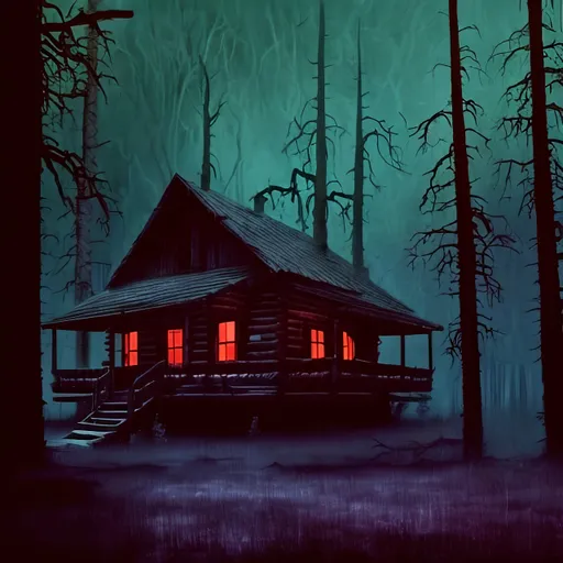 Prompt: "In the depths of a haunted forest, a lone cabin stands amidst twisted, gnarled trees. The sky is a deep, ominous shade of purple, and the moon casts an eerie glow over the scene. The cabin's windows are boarded up, and the door hangs off its hinges, creaking in the wind. Shadows dance across the forest floor, and the air is thick with a sense of foreboding. As you gaze at the painting, you feel a chill run down your spine, as if the cabin itself is watching you, waiting for you to enter its haunted halls."