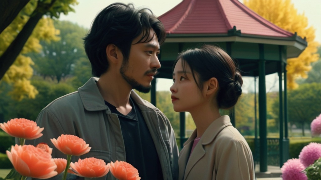 Prompt: a couple of people standing next to each other near flowers and trees in the background of a park with a gazebo, Bian Shoumin, neo-romanticism, movie still, a poster