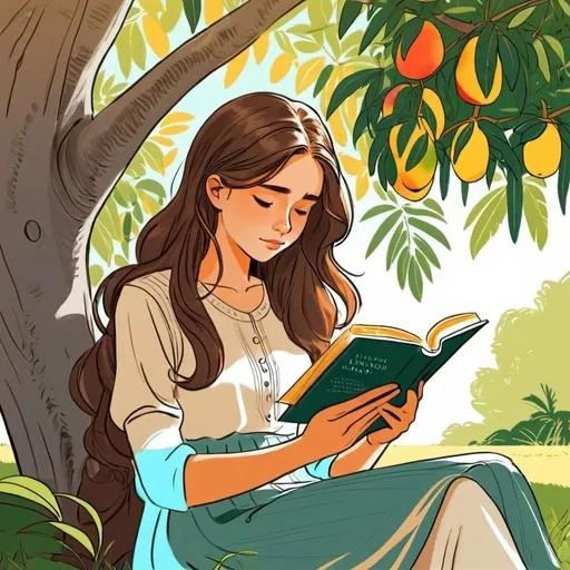 Prompt: A drawing of a girl with long brown hair, dressed modestly, serenely reading a book while leaning under the shade and against a mango tree in summer time