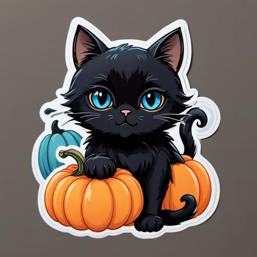 Prompt: die-cut sticker, cute black cat with big blue eyes, hugging a pumpkin.