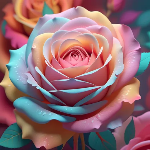 Prompt: (abstract rose design), vibrant colors, harmoniously overlapping pastel colors, highlights enhancing the floral forms, fluid shapes, dreamy atmosphere, visually striking composition, soft gradients, intricate details in the petals, peaceful ambiance, eye-catching imagery, perfect for modern decor, (4K resolution), ultra-detailed quality.