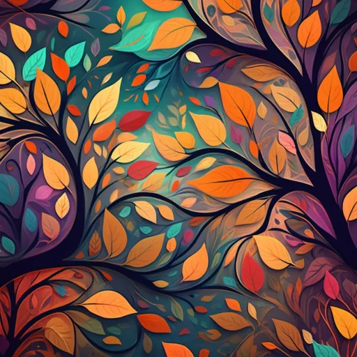 Prompt: (abstract floral design), scattered leaves, intertwining tree branches, vibrant color spaces overlapping in a harmonious blend, whimsical shapes and patterns, soft yet deep colors, warm lighting, high depth atmosphere, creating a dreamy and surreal ambiance, ultra-detailed, 4K quality image, inviting creativity and inspiration.