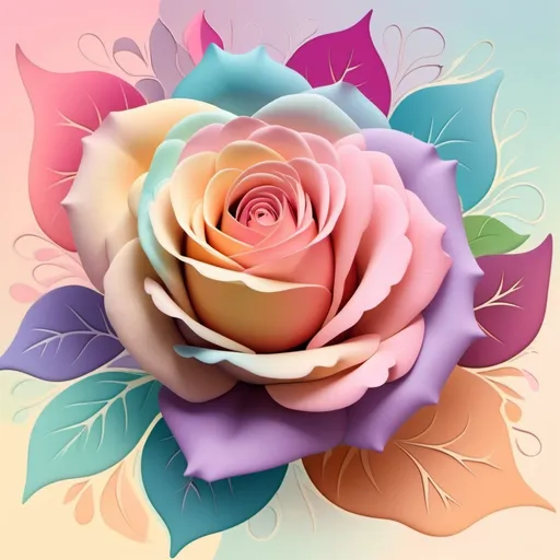 Prompt: Abstract rose design spread in different colors filling the design with highlights and a background of harmonious and overlapping pastel colors