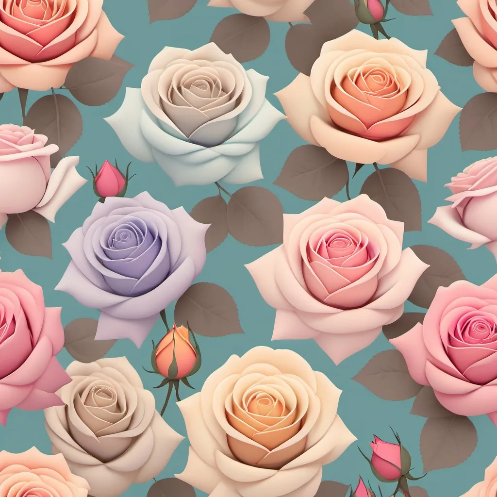 Prompt: A design of scattered roses in different colors that fill the design with shadows that highlight them and a background of harmonious and overlapping pastel colors.