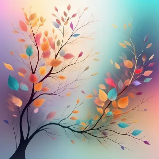 Prompt: abstract floral design, (vibrant colors), scattered leaves, delicate tree branches, overlapping color spaces, dynamic composition, ethereal atmosphere, soft gradients, luminous details, engaging visual flow, artistic harmony, high depth, ultra-detailed, 4K resolution.