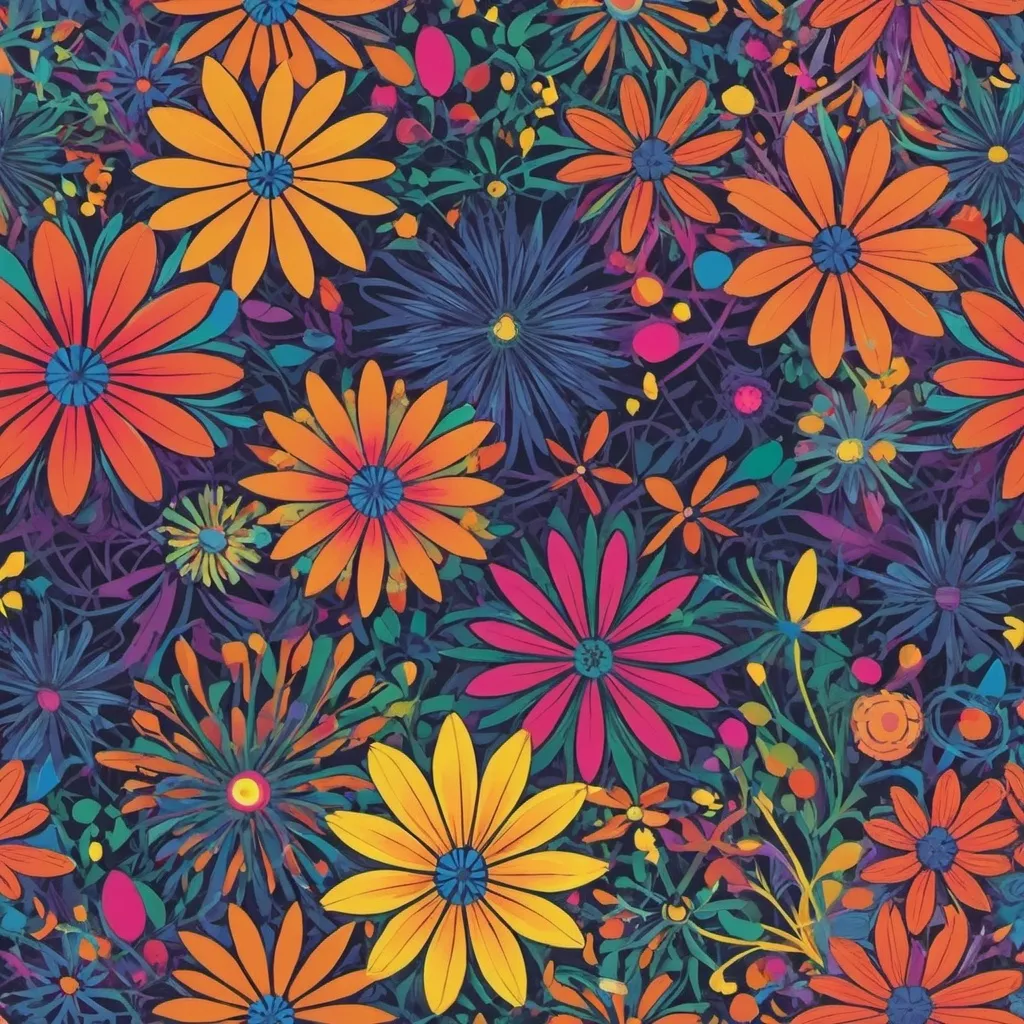 Prompt: Dense, abstract, intersecting wildflowers form decorative patterns in attractive bright colors.