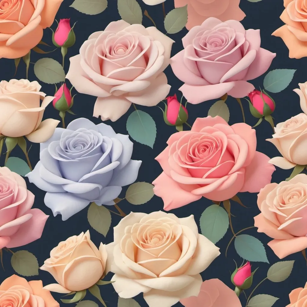 Prompt: A design of scattered roses in different colors that fill the design with shadows that highlight them and a background of harmonious and overlapping pastel colors.