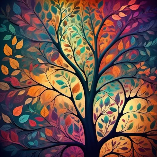 Prompt: (abstract floral design), scattered leaves, intertwining tree branches, vibrant color spaces overlapping in a harmonious blend, whimsical shapes and patterns, soft yet deep colors, warm lighting, high depth atmosphere, creating a dreamy and surreal ambiance, ultra-detailed, 4K quality image, inviting creativity and inspiration.