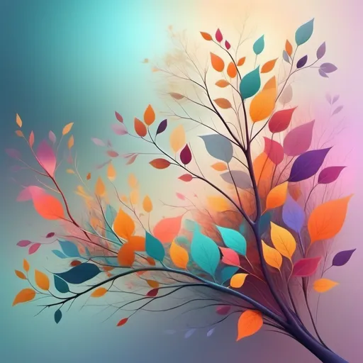 Prompt: abstract floral design, (vibrant colors), scattered leaves, delicate tree branches, overlapping color spaces, dynamic composition, ethereal atmosphere, soft gradients, luminous details, engaging visual flow, artistic harmony, high depth, ultra-detailed, 4K resolution.