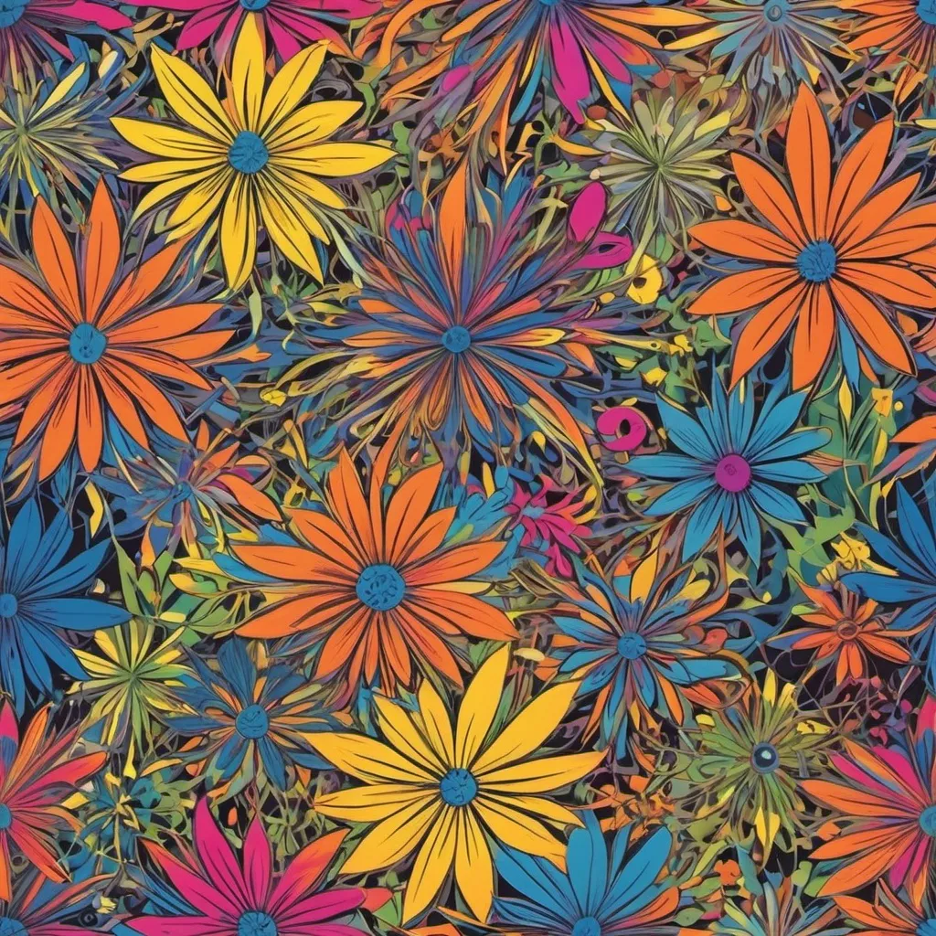 Prompt: Dense, abstract, intersecting wildflowers form decorative patterns in attractive bright colors.