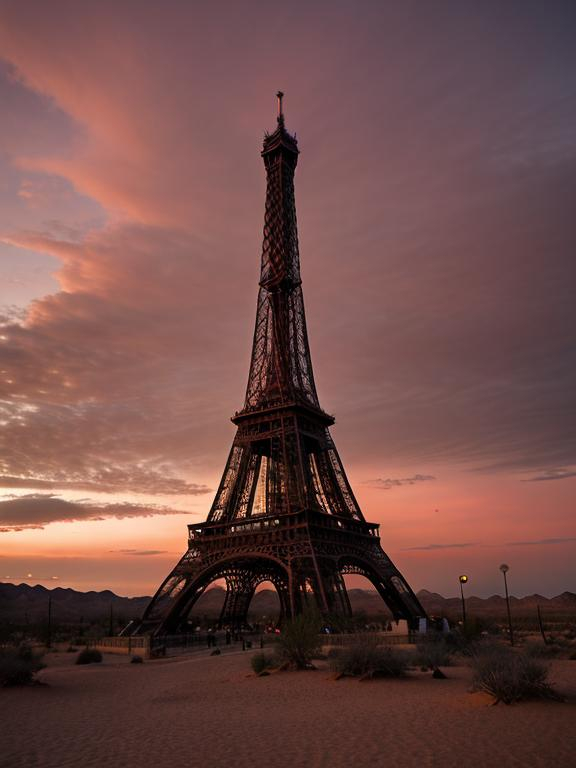 Prompt: 
the Eiffel in the dessert with cloudy red sky 