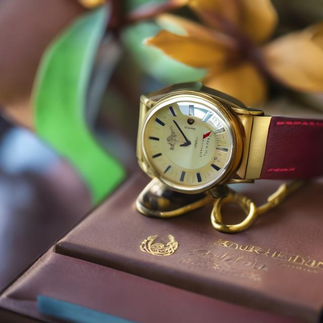 Prompt: the golden watch with natural red leather and parent to Pourias clock
 