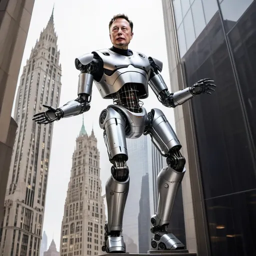 Prompt: Elon Musk as Doctor Otto Octavios and X themed robotic arms climbing Trump Tower.  Elon should have 4 robotic coming out of his back

