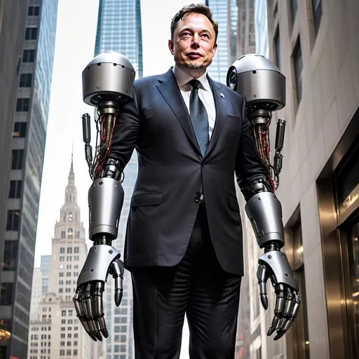 Prompt: Elon Musk as Doctor Otto Octavios and X themed robotic arms climbing Trump Tower
