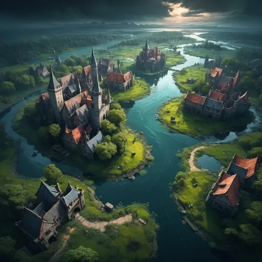 Prompt: Overhead view of fantasy world, dark gloomy swamps, murky villages near rivers, glorious city with castles, high quality, detailed fantasy landscape, immersive, vibrant colors, atmospheric lighting