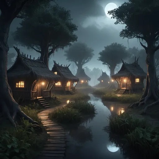 Prompt: Dark fantasy village, torchlit village, murky swamps, trees, bushes, misty footpaths, detailed 3D rendering, dark fantasy, atmospheric lighting, huts, low angle view, detailed landscape, fantasy art, professional, epic scale, mysterious glow, intricate details