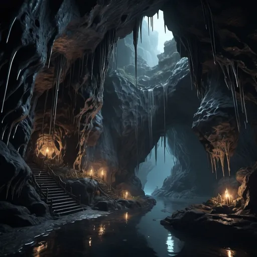 Prompt: Dim fantasy caves, dark, creepy, branching paths, dripping water, detailed 3D rendering, dark fantasy, atmospheric lighting, low angle view, detailed landscape, fantasy art, professional, epic scale, mysterious glow, intricate details