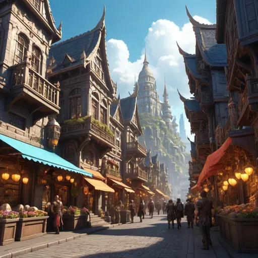 Prompt: Bright fantasy city, daytime, gaudy shops, city street, bustling, fantasy civilians, detailed 3D rendering, dark fantasy, atmospheric lighting, low angle view, detailed landscape, fantasy art, professional, epic scale, happy glow, intricate details