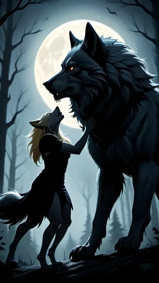 Prompt: Dark shadow blonde haired female werewolf figure  howling in the moonlight with her hands and claws out with the moonlight shining all you see is the dark shadow figure of the wolf girl 