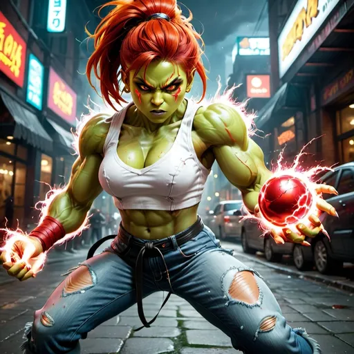 Prompt: Female Blanka Street Fighter Girl With Green skin and red hair and red eyes medium muscular build holding a Ball of electricity with it everywhere. Wearing street fighter clothes ripped jeans and white shirt 