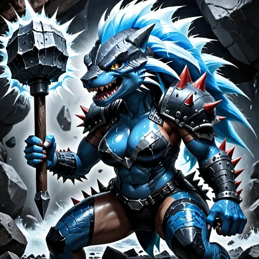 Prompt: Female Spiky Rocky scaly like skin dark energy black and blue ice magma Rock Dark monstrous cavernous head of Version of f Street Sharks , body and skin made of white lightning electricity magma and rock with large Rocky Formed armored arms raging with a mean face with radiation blue magma fumes Bright electricity power. Holding a Icebreaker hammer weapon raging with bright light. 